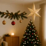 Weihnachtsdeko für die Decke mit Lichterkette, Kugeln und einem geschmückten Weihnachtsbaum