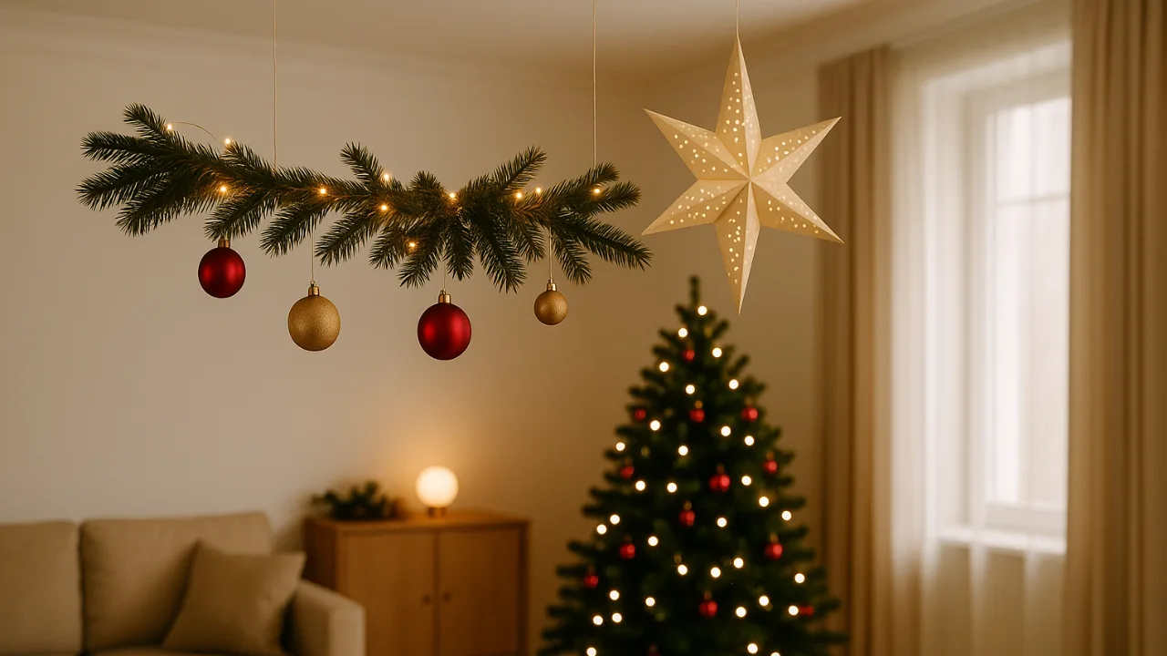 Weihnachtsdeko für die Decke mit Lichterkette, Kugeln und einem geschmückten Weihnachtsbaum