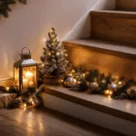 Weihnachtsdeko Treppenecke mit Lichterkette, Tannenzweigen und Laterne