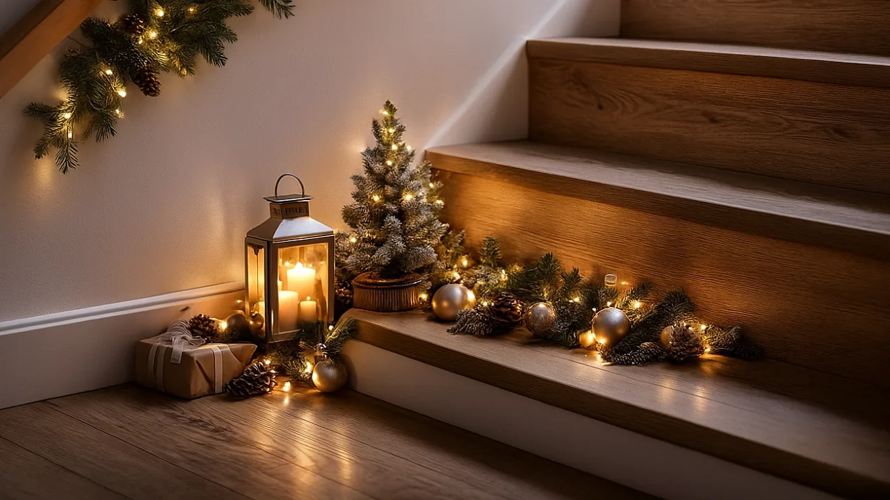 Weihnachtsdeko Treppenecke mit Lichterkette, Tannenzweigen und Laterne