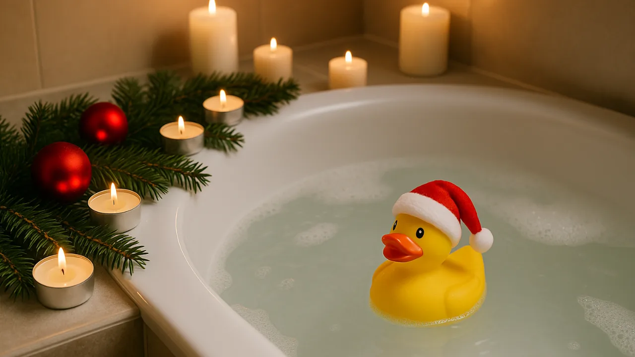 Weihnachtsdeko für die Badewanne mit Kerzen, Tannenzweigen und Quietscheente mit Mütze