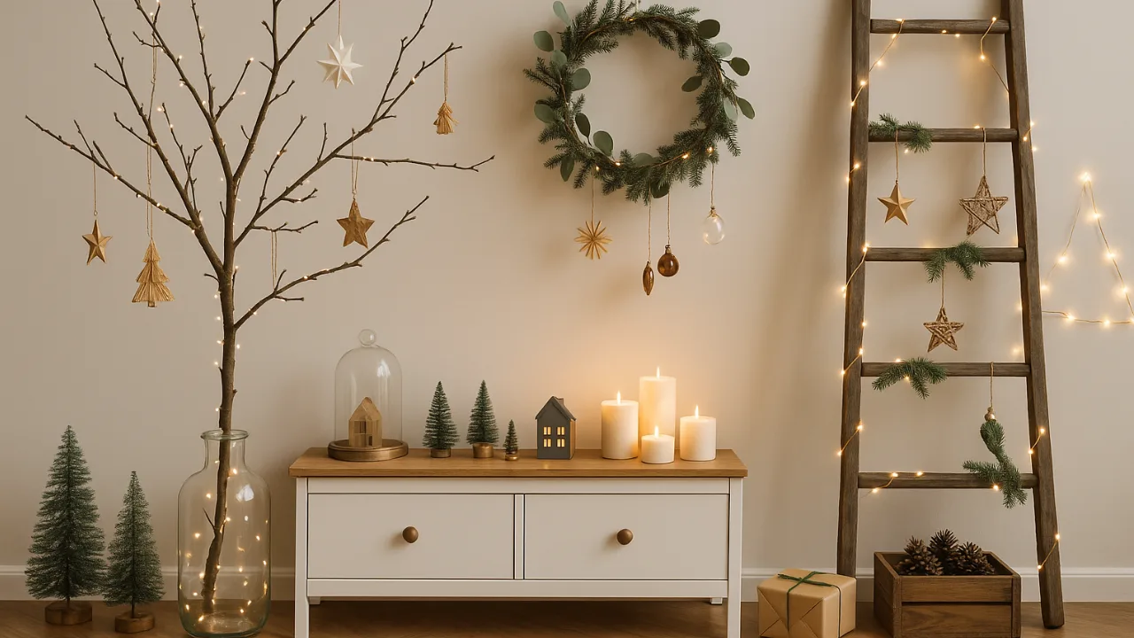 Gemütliche Weihnachtsdeko ohne Baum mit Leiter, Zweigen und Kerzen