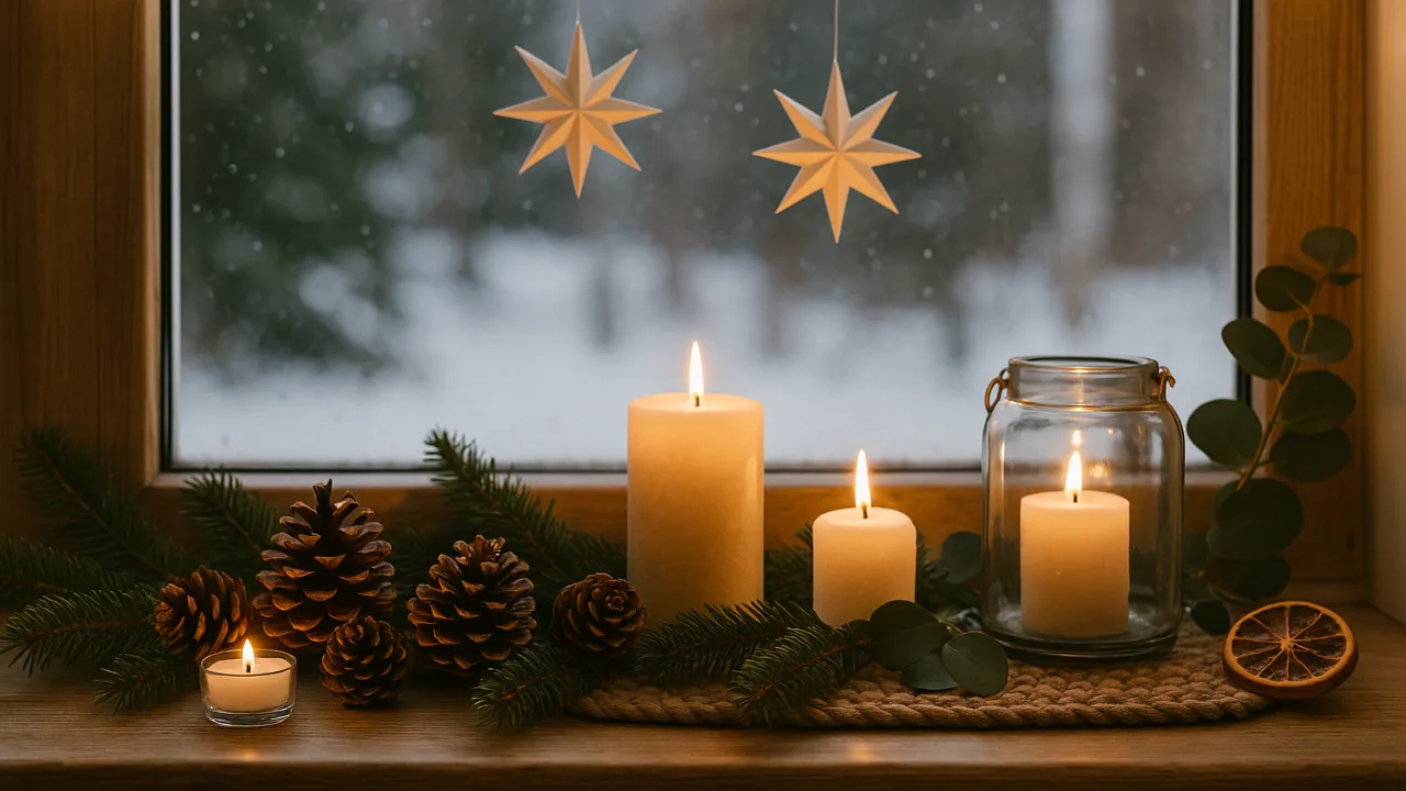 Fensterdeko im Winter – 5 gemütliche Ideen für dein Zuhause Winterliche Fensterdeko mit Kerzen, Tannenzweigen und Lichterkette im Fensterrahmen
