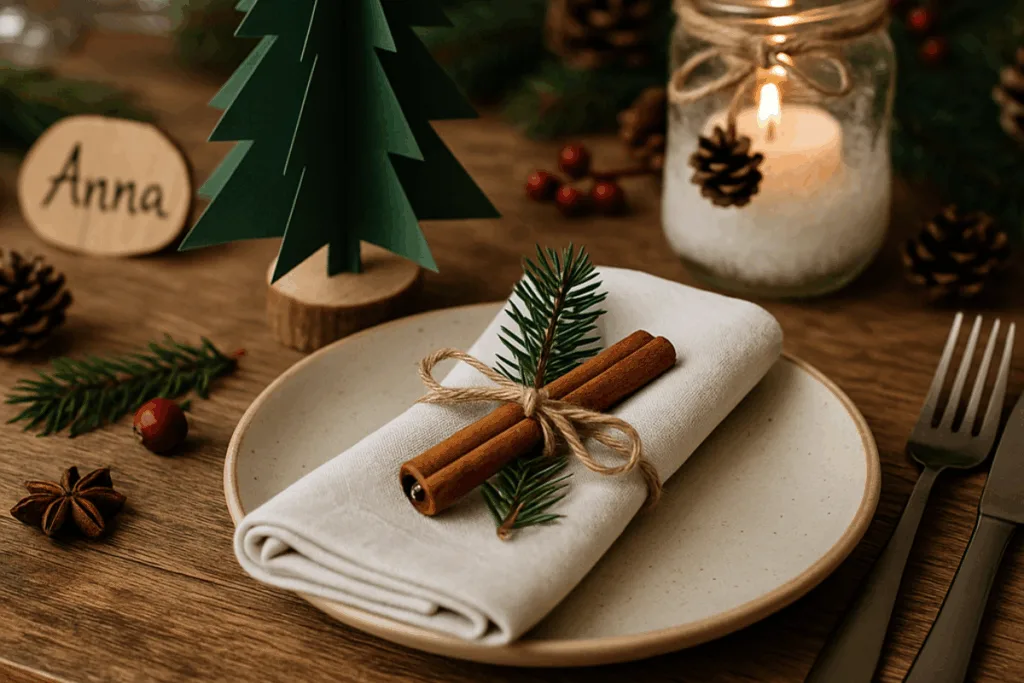 Weihnachtsdeko Esstisch mit Zimtstangen, Tannenzweigen und Kerzen im Glas
