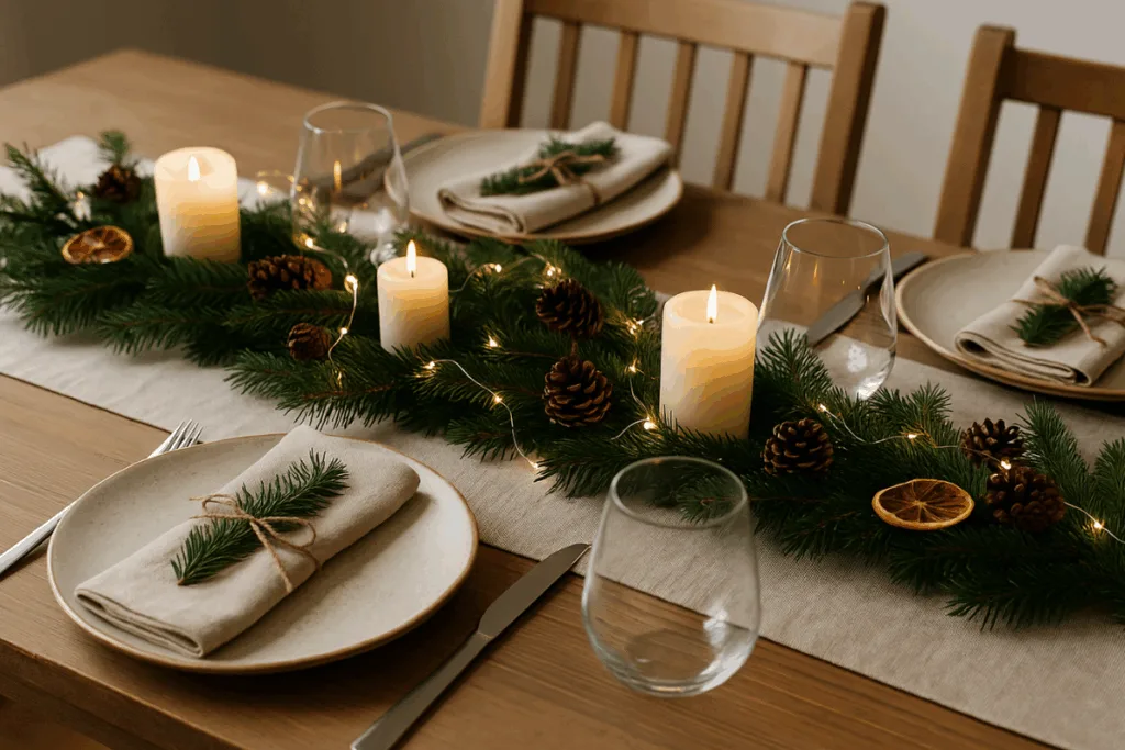 Skandinavische Weihnachtsdeko Esstisch mit Kerzen, Tannenzweigen und Naturmaterialien