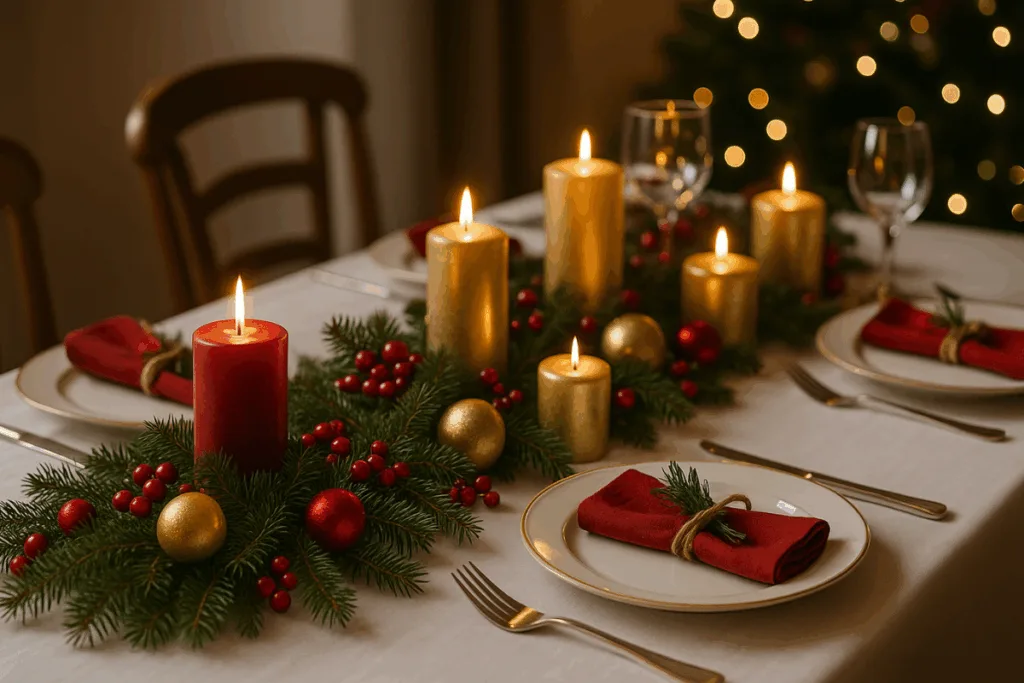 Weihnachtsdeko Esstisch mit roten Kerzen, goldenen Kugeln und Tannenzweigen