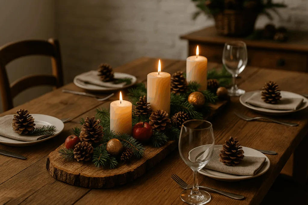 Rustikale Weihnachtsdeko Esstisch mit Holz, Tannenzweigen, Kerzen und Zapfen