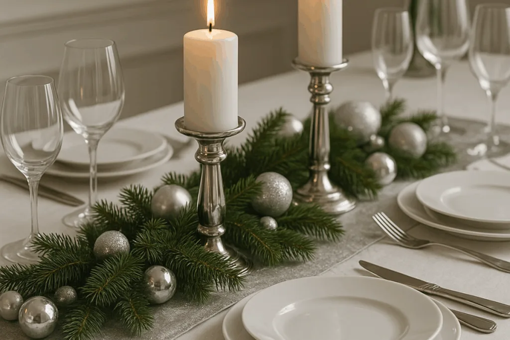 Elegante Weihnachtsdeko Esstisch in Weiß und Silber mit Kerzen und Amaryllis