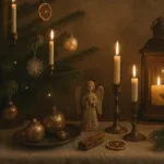 Antike Weihnachten Deko mit Baum, Kerzen, Engel und Holzstern im Vintage-Stil