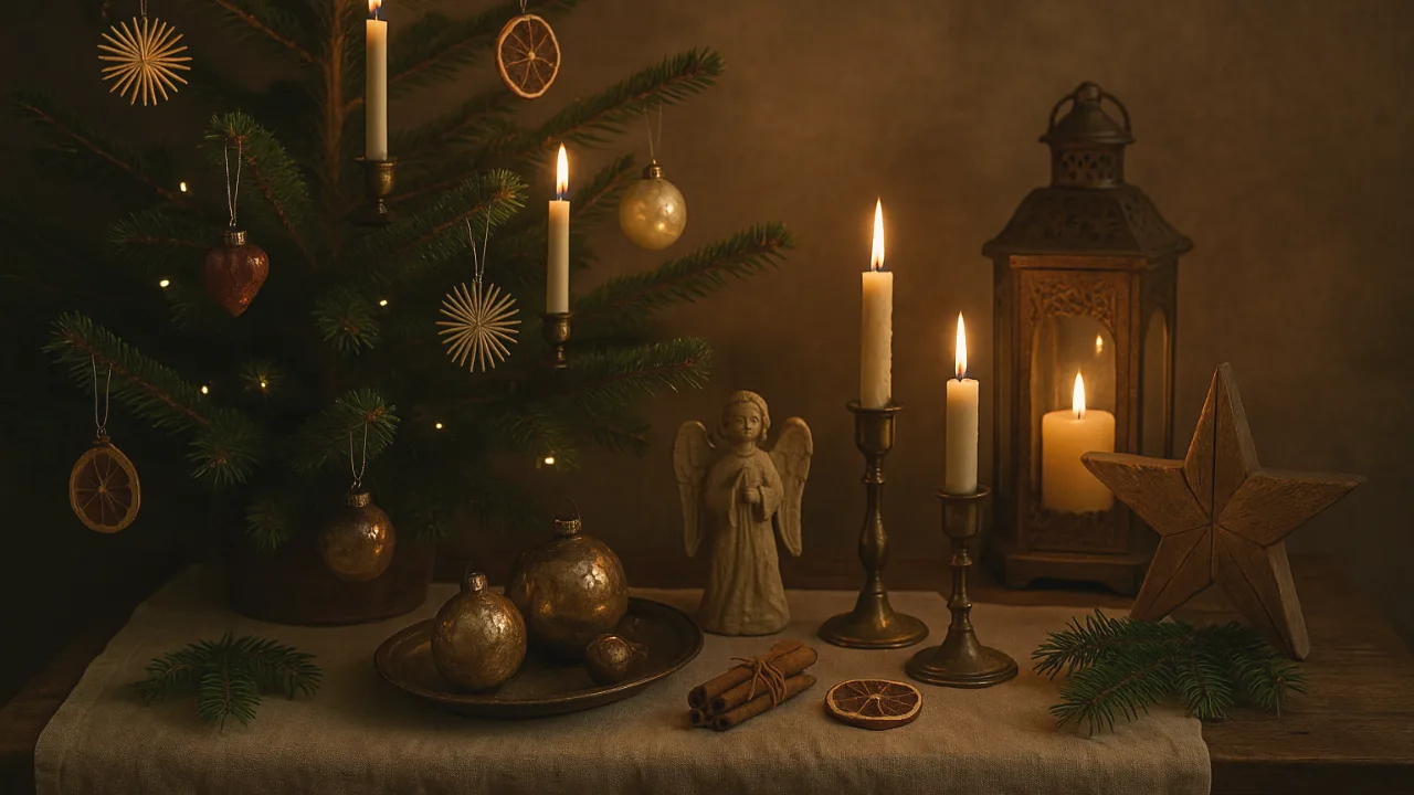 Antike Weihnachten – 3 nostalgische Deko-Ideen zum Selbermachen Antike Weihnachten Deko mit Baum, Kerzen, Engel und Holzstern im Vintage-Stil