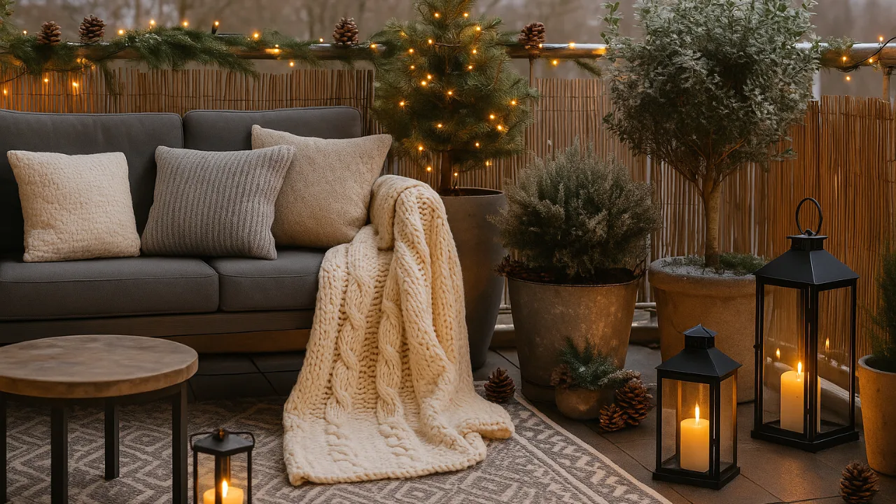 Balkon im Winter dekoriert mit Lichterkette, Pflanzen und Laternen