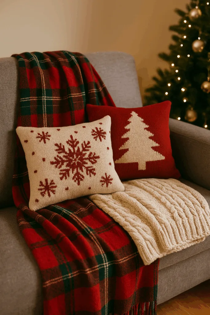 Weihnachtsdeko für das Sofa - 5 tolle Ideen für Gemütlichkeit Weihnachtsdeko für Sofa mit roter Decke, Kissen und Lichterbaum im Hintergrund