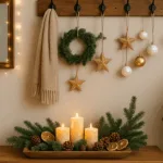 Weihnachtsdeko Garderobe mit Holzbank, Tannenzweigen, Kerzen und goldenen Kugeln