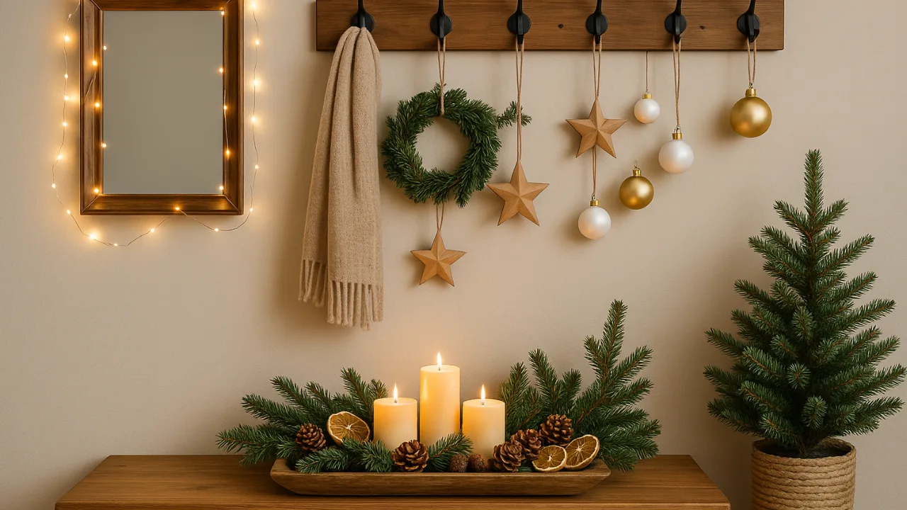 Weihnachtsdeko Garderobe mit Holzbank, Tannenzweigen, Kerzen und goldenen Kugeln