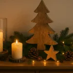 Weihnachtsdeko auf einer Kommode mit warmem Licht, Tannenzweigen und Holz-Elementen im natürlichen Stil.