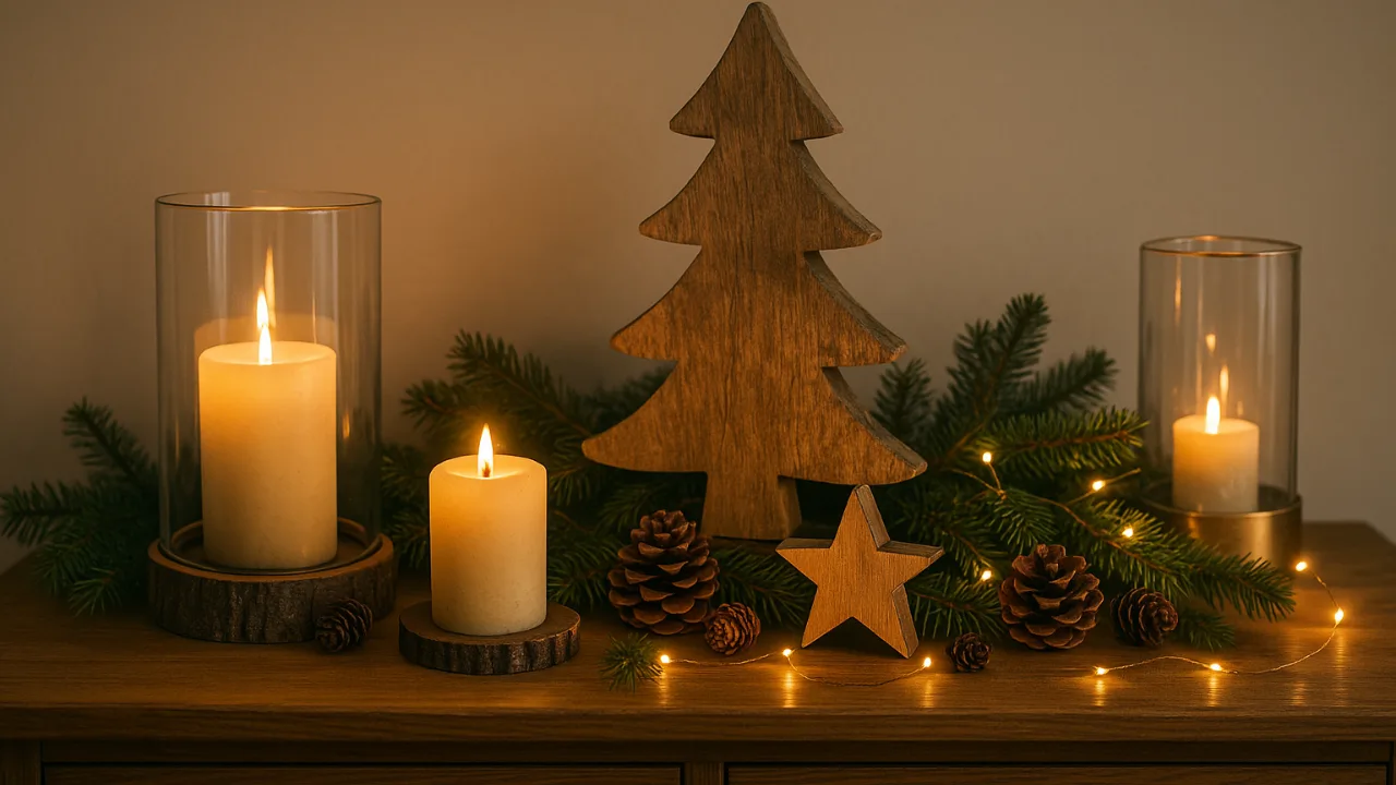 Weihnachtsdeko für die Kommode – Die 5 schönsten Ideen Weihnachtsdeko auf einer Kommode mit warmem Licht, Tannenzweigen und Holz-Elementen im natürlichen Stil.