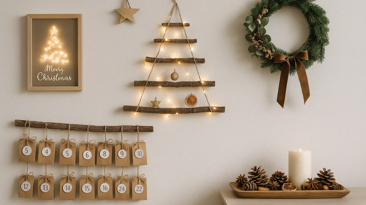 Weihnachtsdeko für die Wand mit Holzbaum, Kranz und Adventskalender