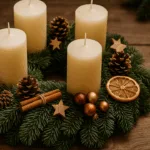 Weihnachtsgesteck mit Tannenzweigen, Kerzen, Zapfen, Zimtstangen und Orangenscheiben