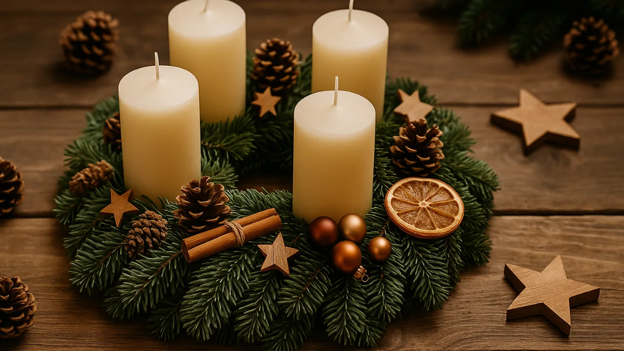 Weihnachtsgesteck mit Tannenzweigen, Kerzen, Zapfen, Zimtstangen und Orangenscheiben