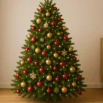 Weihnachtsbaum dekorieren in Rot und Gold mit Kugeln und Lichtern im Wohnzimmer