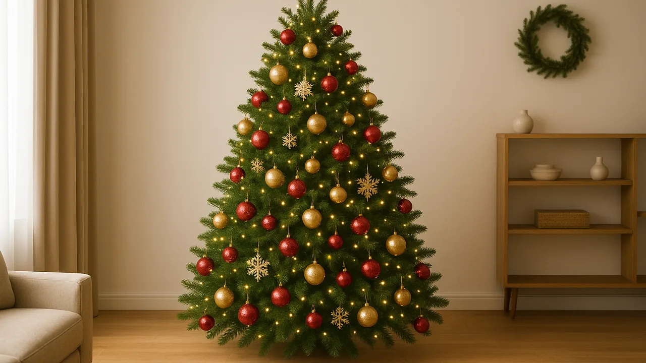 Weihnachtsbaum dekorieren in Rot und Gold mit Kugeln und Lichtern im Wohnzimmer