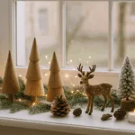 Weihnachtsdeko für Fensterbank innen mit Holzbäumen, Rehfigur und Lichterkette