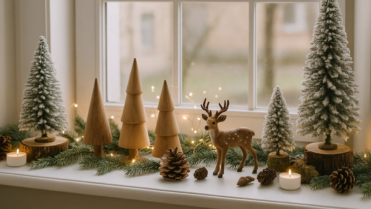 Weihnachtsdeko für die Fensterbank – 4 gemütliche Ideen für drinnen Weihnachtsdeko für Fensterbank innen mit Holzbäumen, Rehfigur und Lichterkette