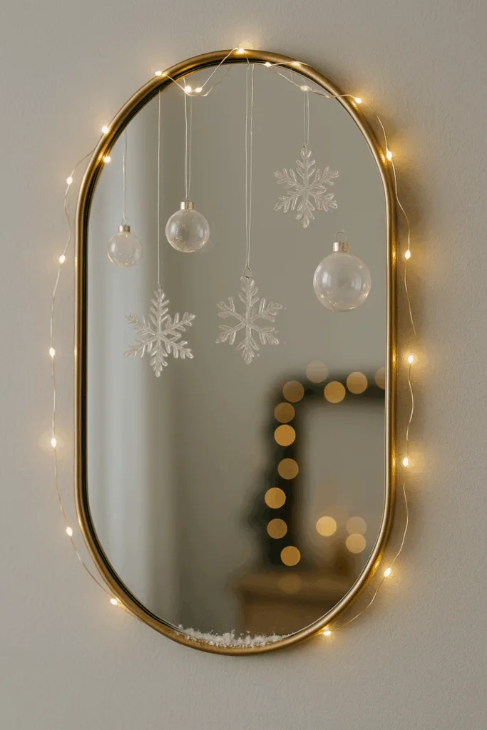 Weihnachtsdeko am Spiegel - 3 schöne Ideen zum Nachmachen Minimalistische Weihnachtsdeko am Spiegel mit Glasornamenten und Lichterkette