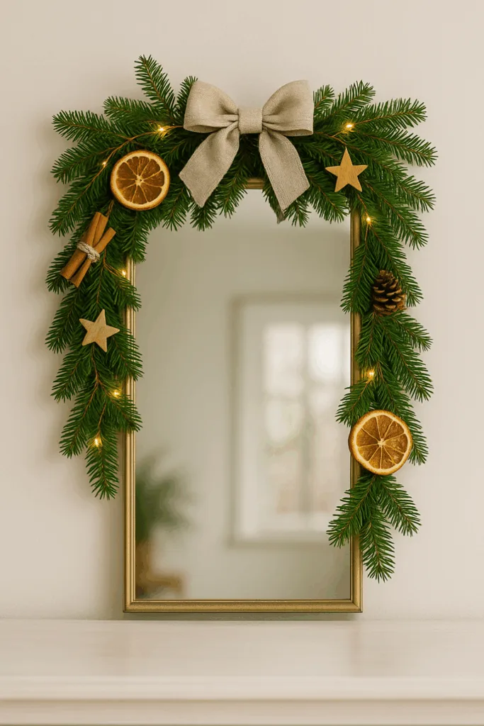 Weihnachtsdeko am Spiegel - 3 schöne Ideen zum Nachmachen Weihnachtsdeko am Spiegel mit Tannenzweigen, Orangenscheiben und Lichterkette