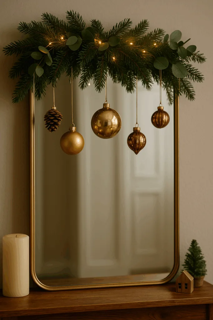 Weihnachtsdeko am Spiegel - 3 schöne Ideen zum Nachmachen Weihnachtsdeko am Spiegel mit Tannenzweigen, Lichterkette und goldenen Kugeln