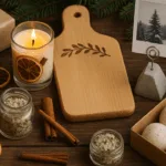 Selbstgemachte Weihnachtsgeschenke aus Holz, Wachs und Kräutern auf Holztisch