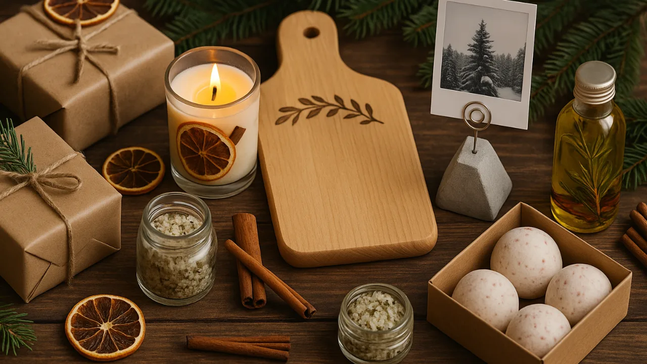 Selbstgemachte Weihnachtsgeschenke aus Holz, Wachs und Kräutern auf Holztisch