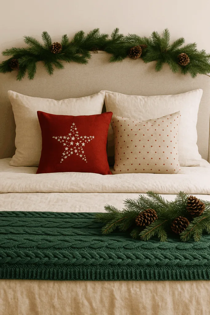 Weihnachtsdeko fürs Bett - 4 schöne Ideen für gemütliche Winternächte Weihnachtsdeko fürs Bett mit grüner Decke, roten Kissen und Tannenzweigen