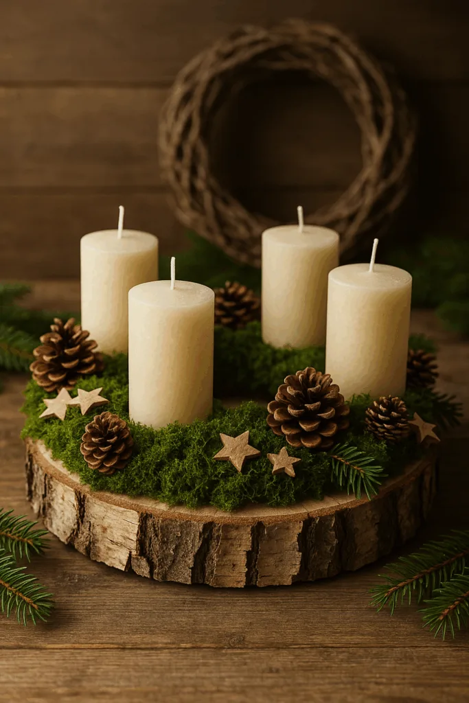 Adventskranz aus Holz mit vier Kerzen, Moos, Tannenzapfen und Holzsternen auf Holztisch