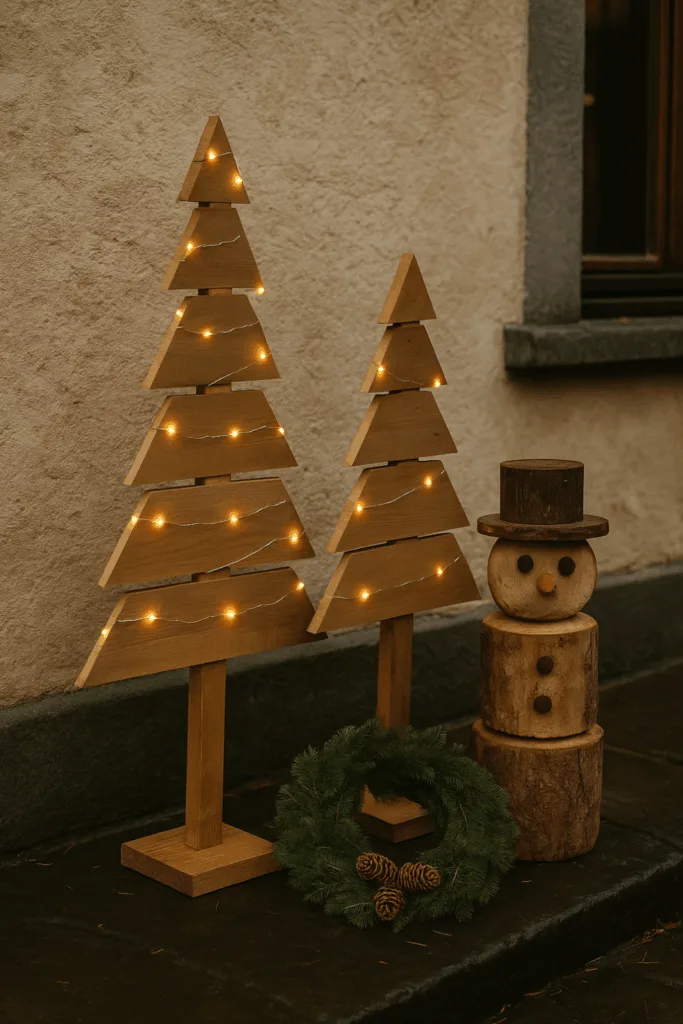 Weihnachtsdeko aus Holz im Außenbereich mit Holzbäumen, Lichterkette und Schneemann