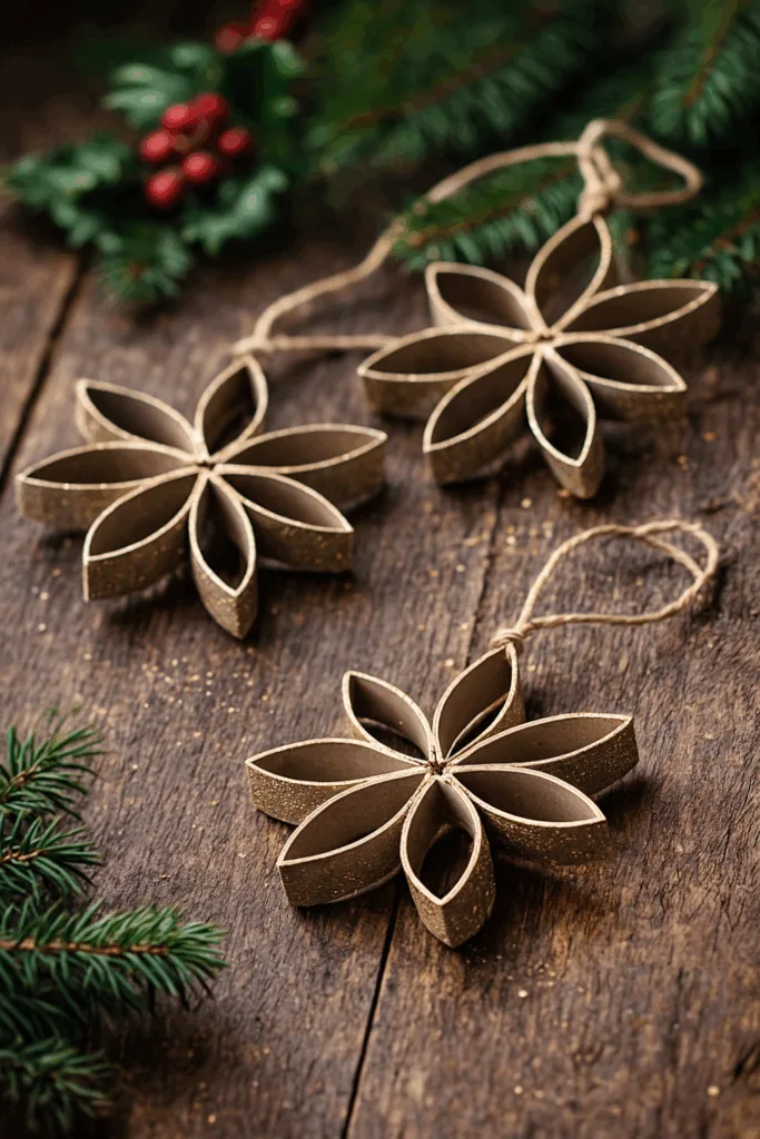 Weihnachtssterne aus recycelten Klopapierrollen mit Glitzer auf Holztisch als DIY-Deko