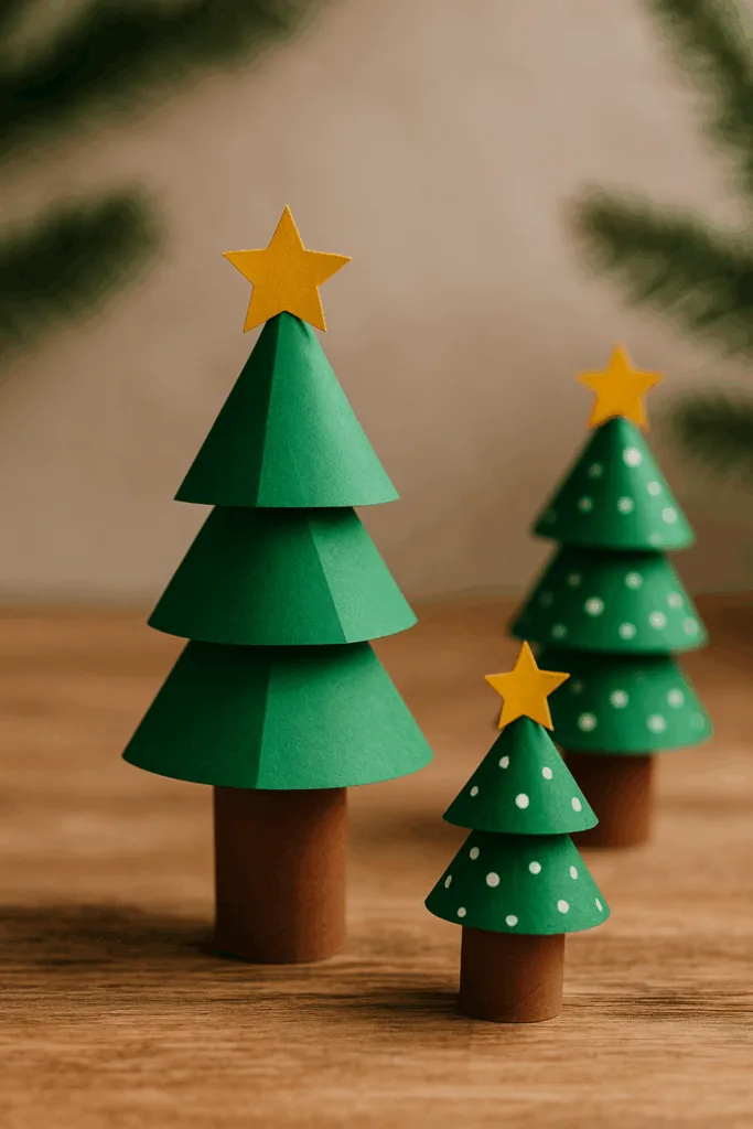 Drei handgemachte Mini-Weihnachtsbäume aus bemalten Klopapierrollen mit Stern und Papierzweigen