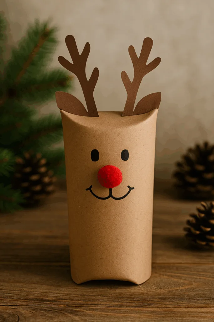 Rentier-Geschenkverpackung aus Klopapierrolle mit roter Nase und Papiergeweih auf Holztisch