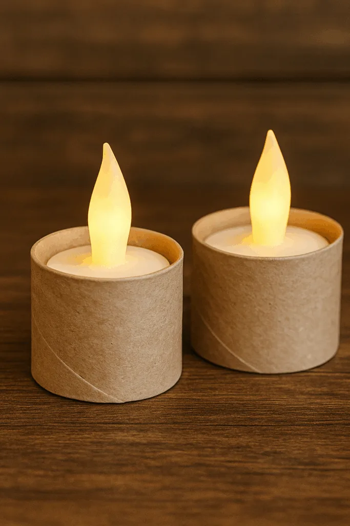 Zwei DIY-Teelichthalter aus Klopapierrollen als nachhaltige Weihnachtsdeko auf Holztisch