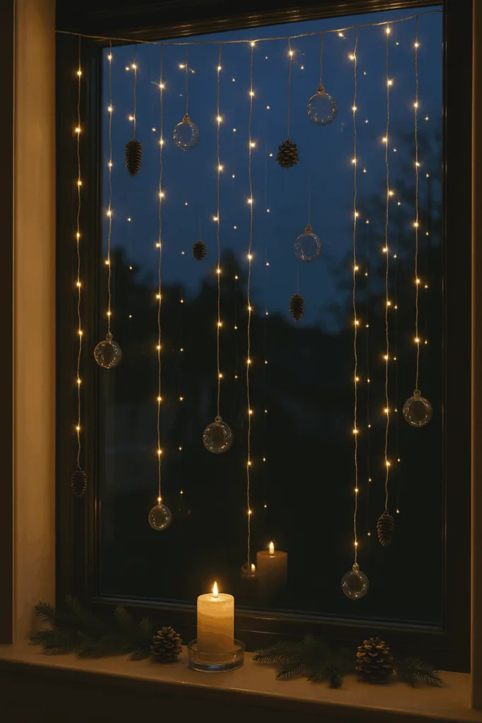 Weihnachtsdeko für große Fenster - 4 wunderschöne Ideen zum Nachmachen Weihnachtsdeko für große Fenster mit warmweißen Lichterketten, Glasornamenten und Kerze