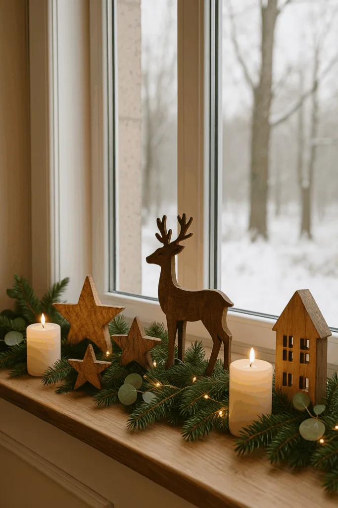 Weihnachtsdeko für große Fenster - 4 wunderschöne Ideen zum Nachmachen Großes Fenster mit weihnachtlicher Deko aus Holz, Tannenzweigen und Kerzen