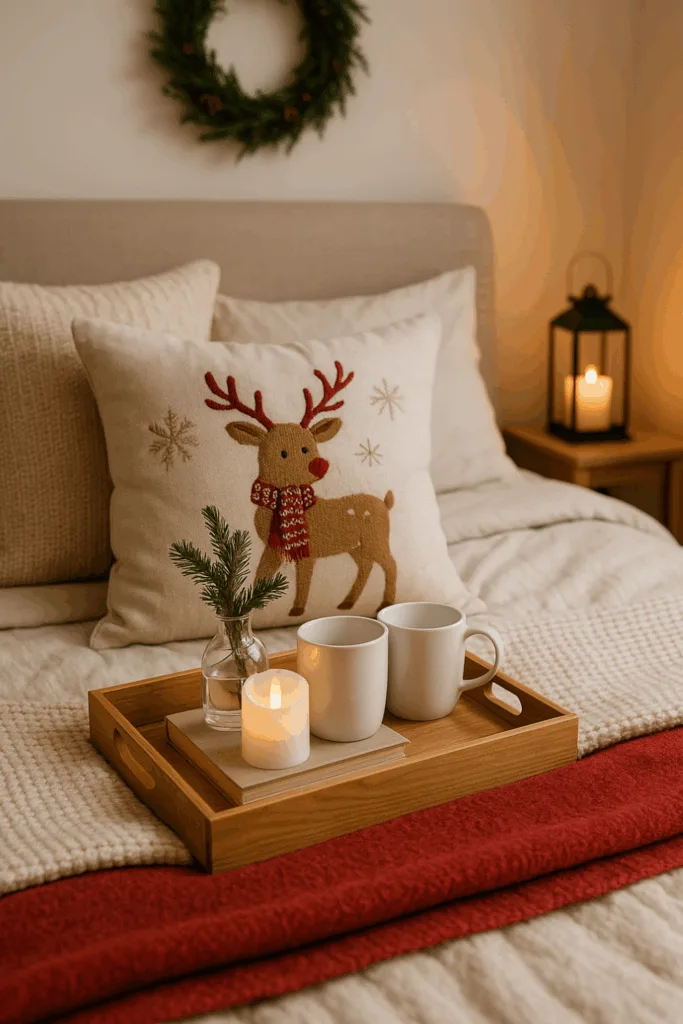 Weihnachtsdeko fürs Bett - 4 schöne Ideen für gemütliche Winternächte Weihnachtsdeko fürs Bett mit roten Kissen, Decke, Tasse und LED-Kerze auf Tablett