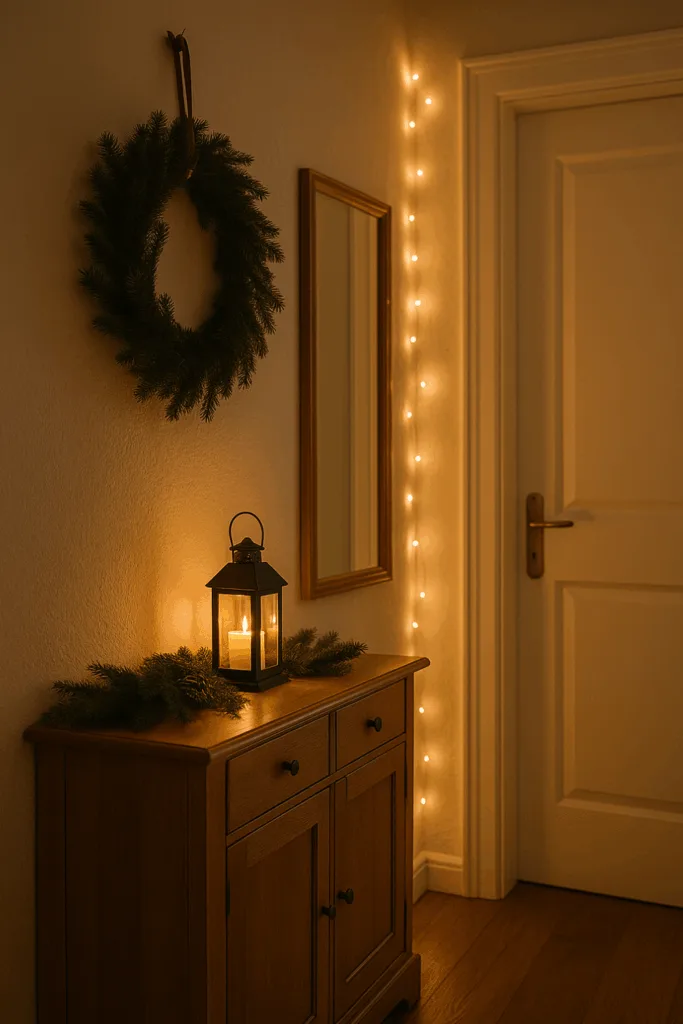 Weihnachtsdeko für schmale Flure - 4 Ideen für festliche Stimmung auf wenig Platz Schmale Flur Weihnachtsdeko mit LED-Lichterkette, Kranz und warmem Licht