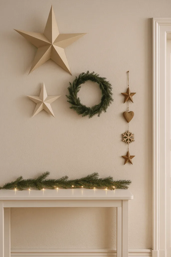 Weihnachtsdeko für schmale Flure - 4 Ideen für festliche Stimmung auf wenig Platz Vertikale Weihnachtsdeko im schmalen Flur mit Sternen, Kranz und Lichterkette