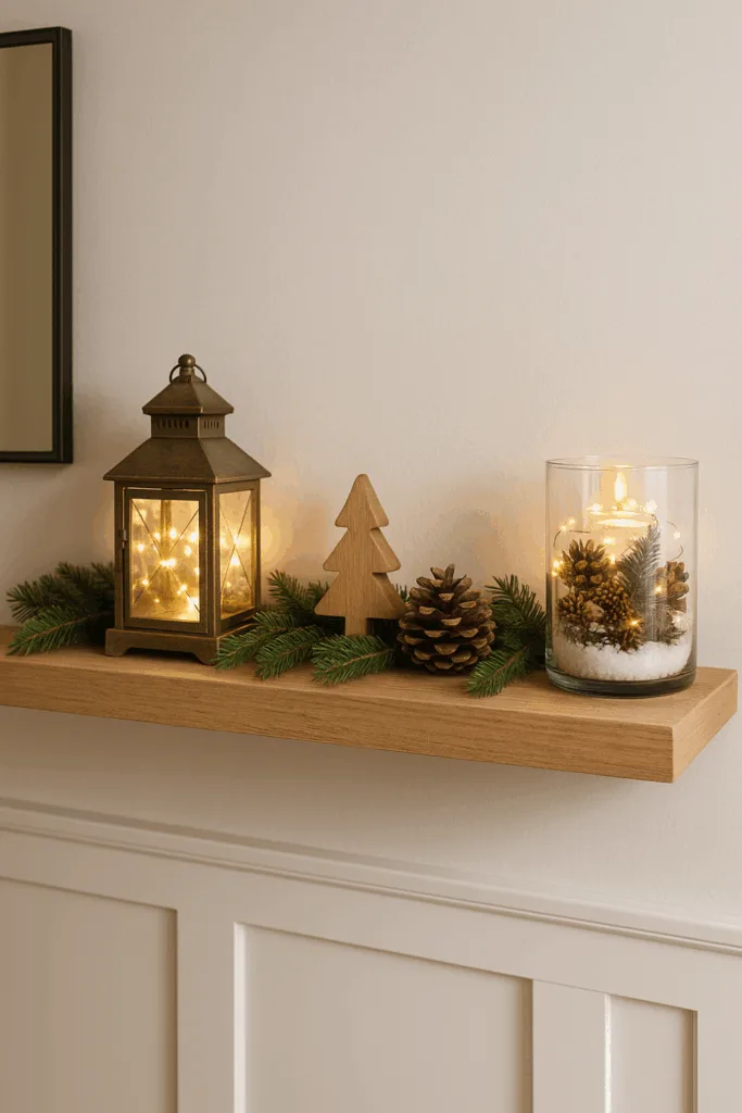 Weihnachtsdeko für schmale Flure - 4 Ideen für festliche Stimmung auf wenig Platz Schmale Flur-Weihnachtsdeko mit Holzregal, Laterne, Tannenzweigen und Glas mit Lichterkette