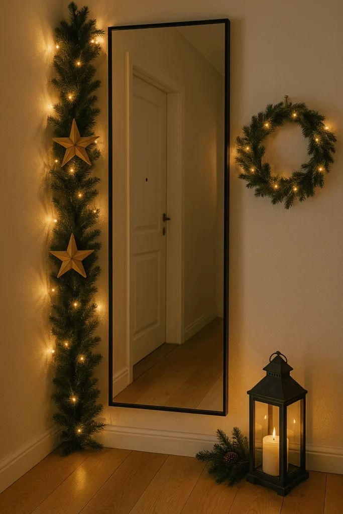 Weihnachtsdeko für schmale Flure - 4 Ideen für festliche Stimmung auf wenig Platz Weihnachtsdeko im schmalen Flur mit Spiegel, Lichterkette und grünem Kranz