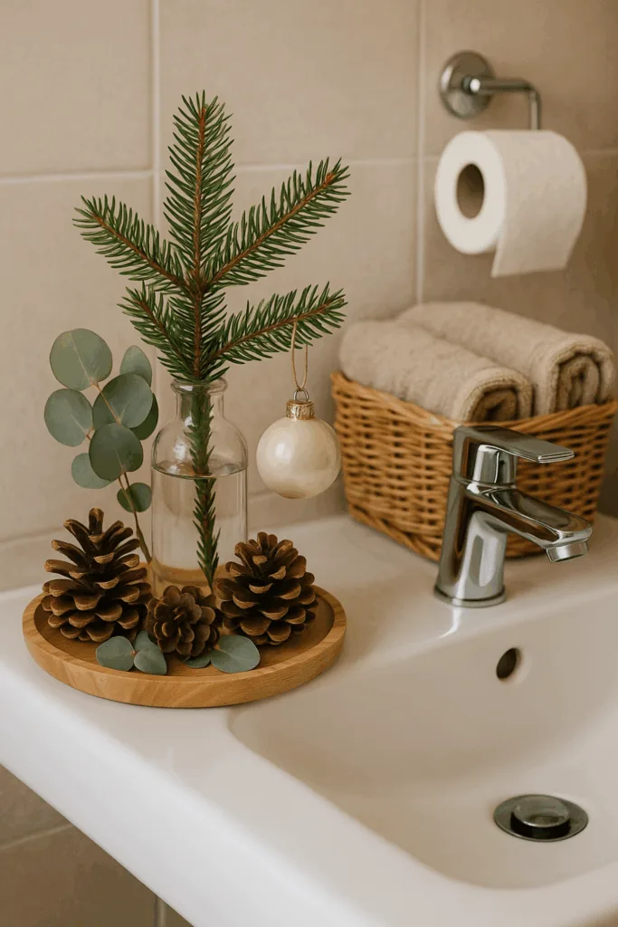 Weihnachtsdeko im Gäste-WC mit Tannenzweig, Zapfen und Holztablett als natürliche Winteridee