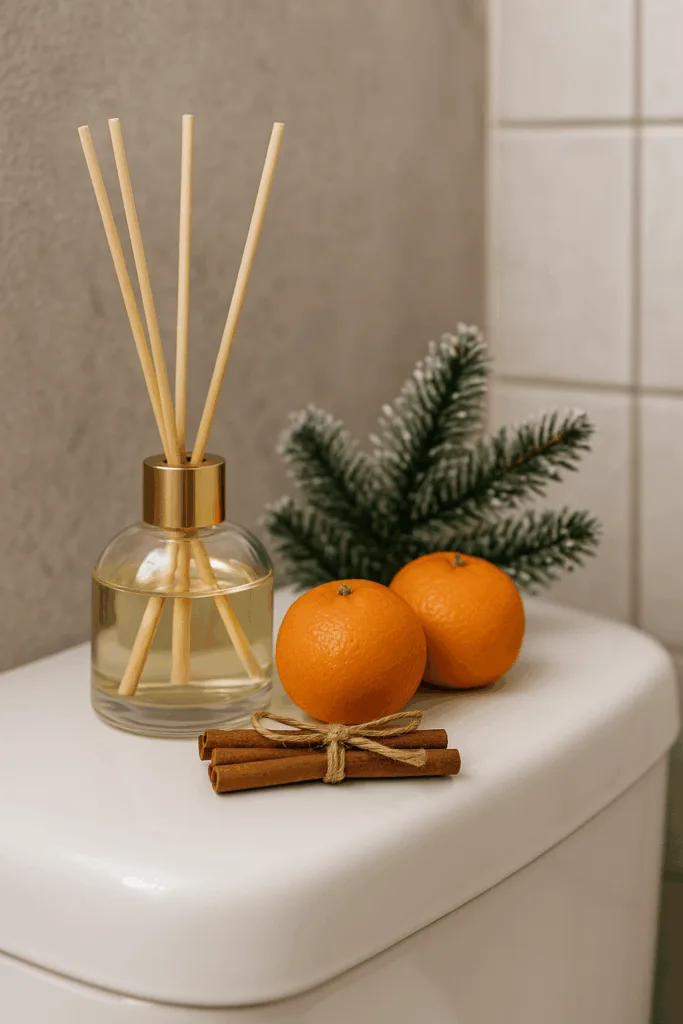 Weihnachtsdeko im Gäste-WC mit Orangen, Zimtstangen, Tannenzweig und Diffusor für winterlichen Duft