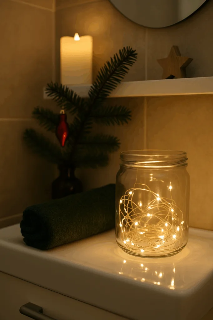 Warm leuchtende Lichterkette im Glas als Weihnachtsdeko Idee für das Gäste WC