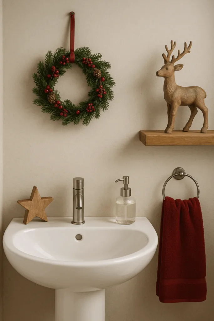 Weihnachtsdeko im Gäste-WC mit Kranz, Holzstern und Rehfigur für gemütliche Stimmung